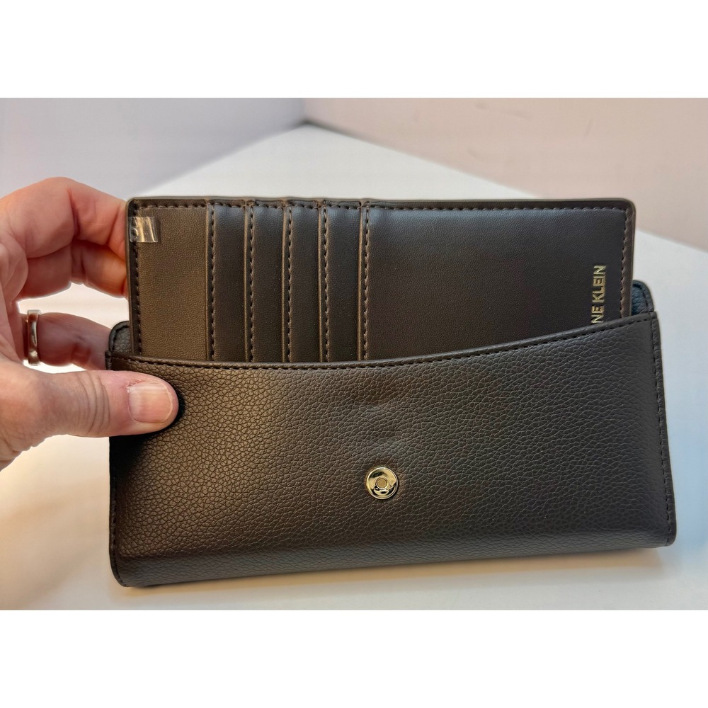 Anne Klein Buckle Snap Closure Wallet Brown Faux Leather Card Slots Zip Pocket - Picture 3 of 12